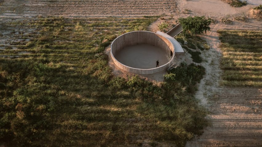 Aerial view of a circular concrete enclosure