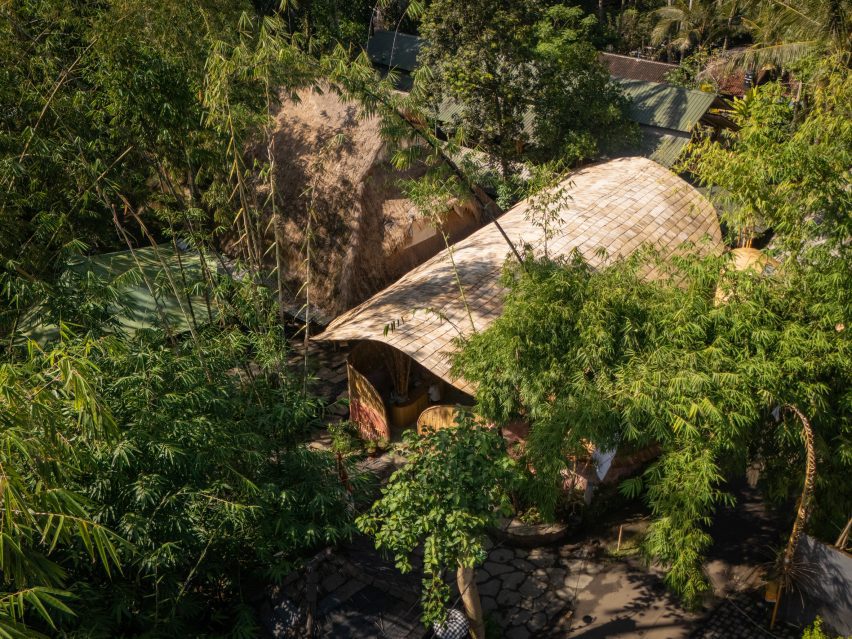 Aerial view of bamboo learning centre at the Green School