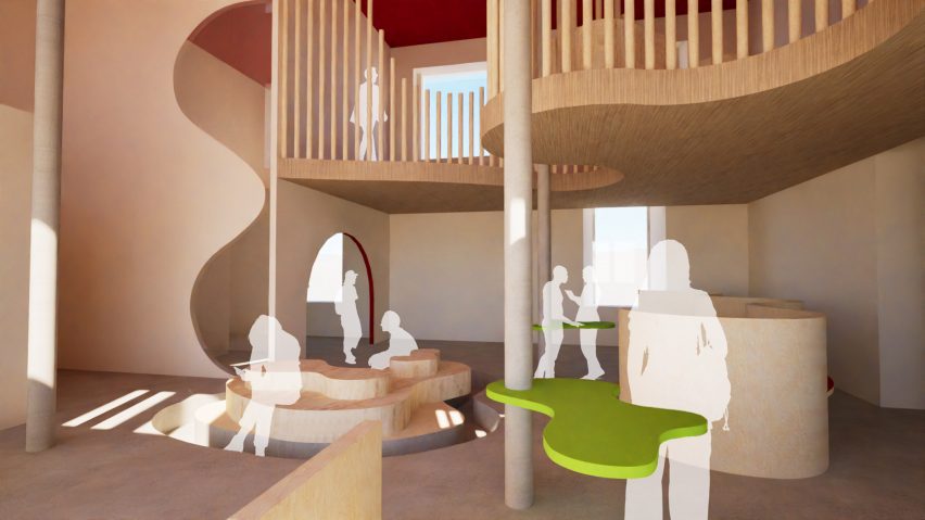 a visualisation of student residence in tones of beige and white figures in the space