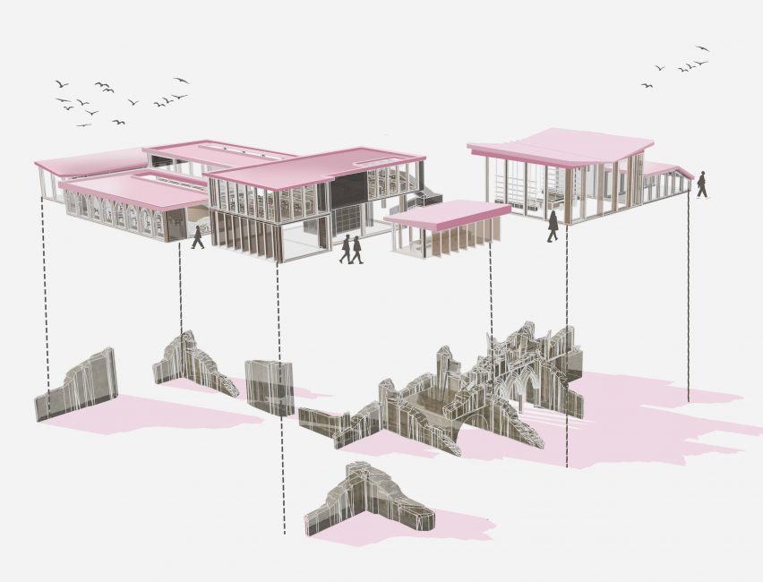 a visualisation of a design for a heritage centre in tones of grey and pink