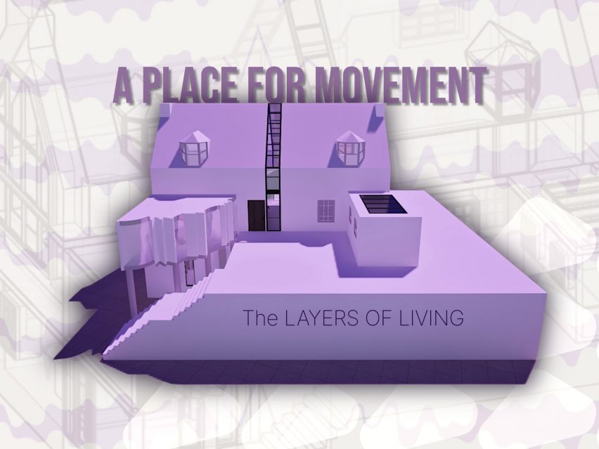 an abstract digital illustration of a house in tones of purple