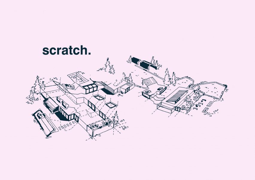 a diagram of a town in tones of blue against a pink backdrop