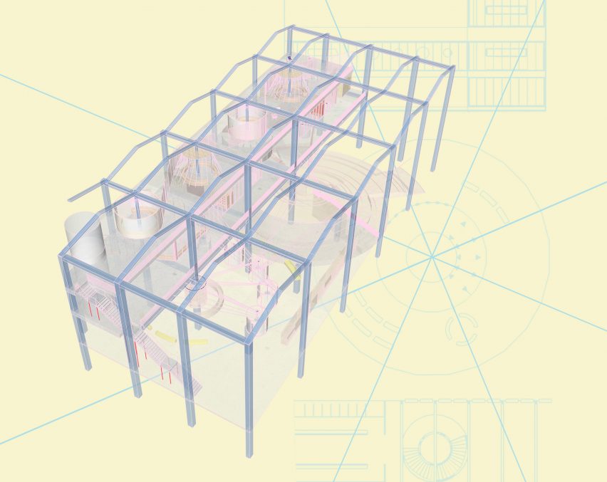 a visualisation of a design for a women's health education centre in tones of blue, purple and yellow
