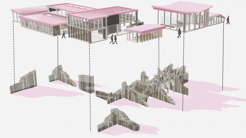 a visualisation of a design for a heritage centre in tones of grey and pink