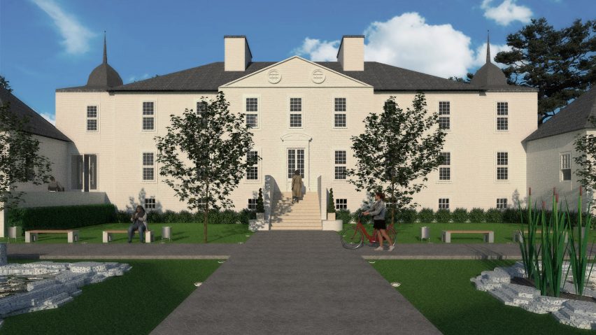 a visualisation of a white building with a green lawn in front