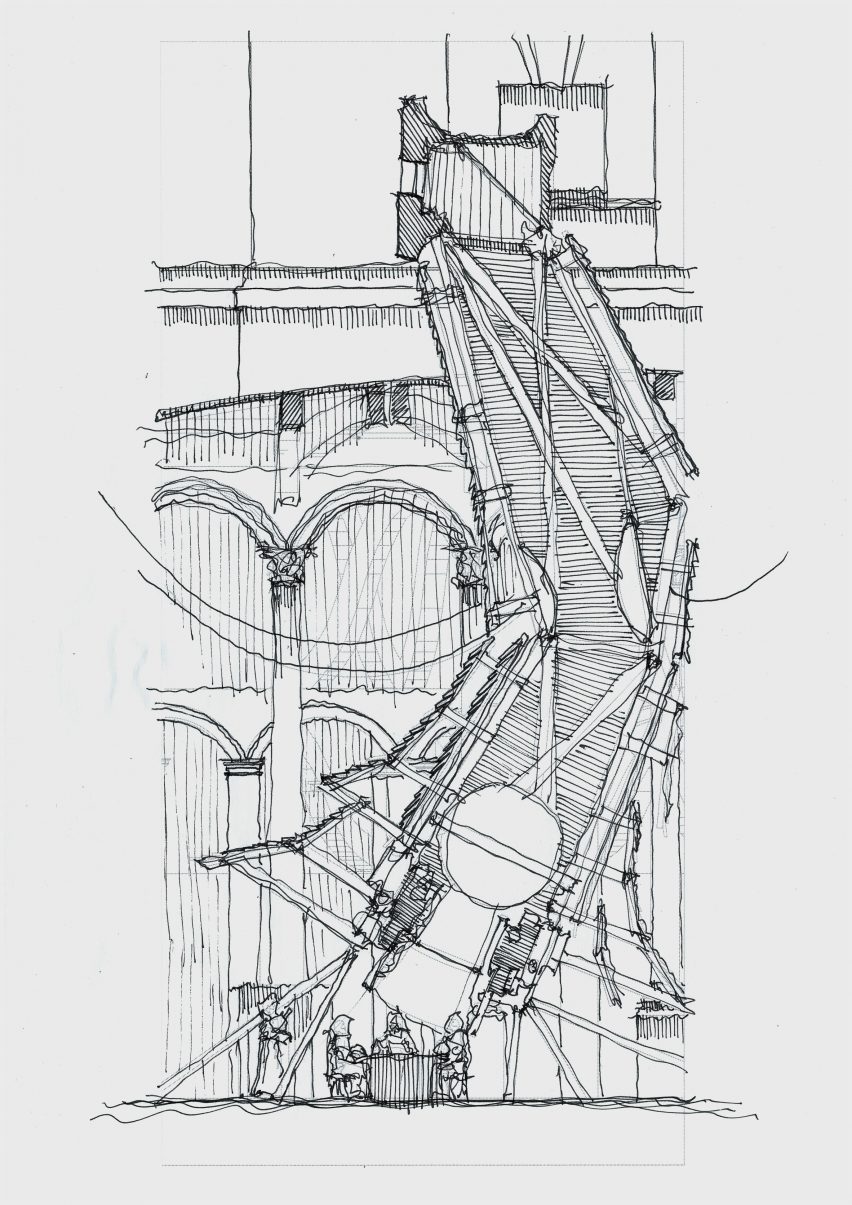 a diagram of a building structure in tones of black and white