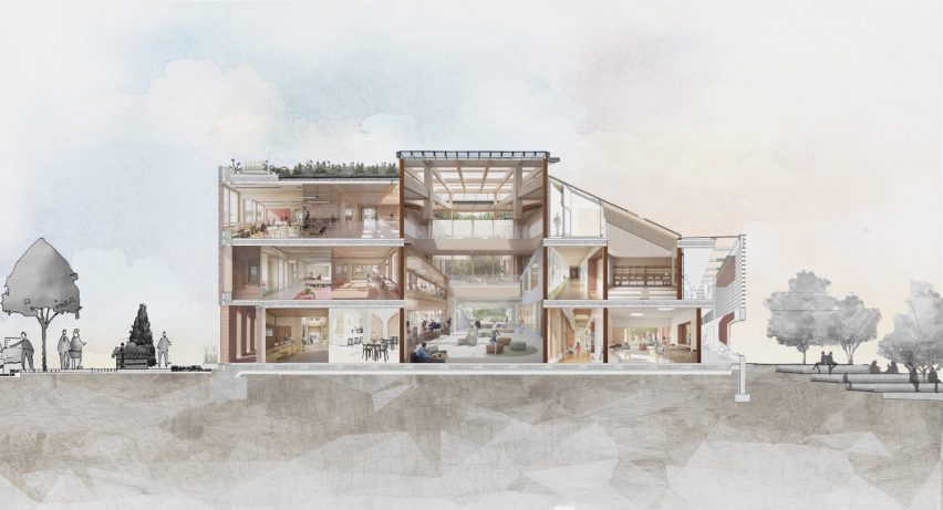 a visualisation of a building plan in tones of beige and white