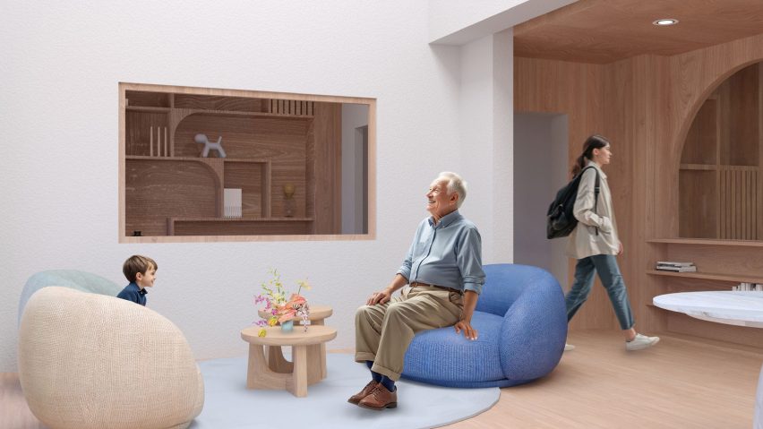 Render of nursing home with people sitting in a living room