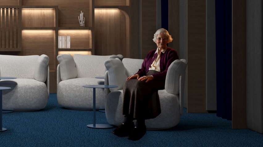 A render of an elderly woman sitting on a comfortable grey chair 