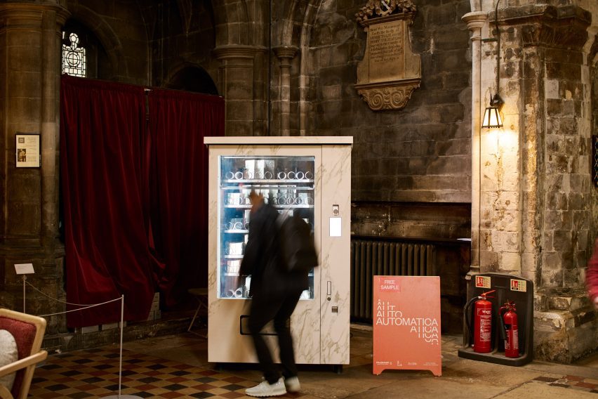 Tiled vending machine by Solus Ceramics placed in a church
