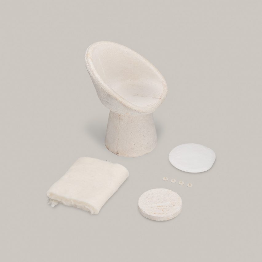 Mycelium chair next to algae foam