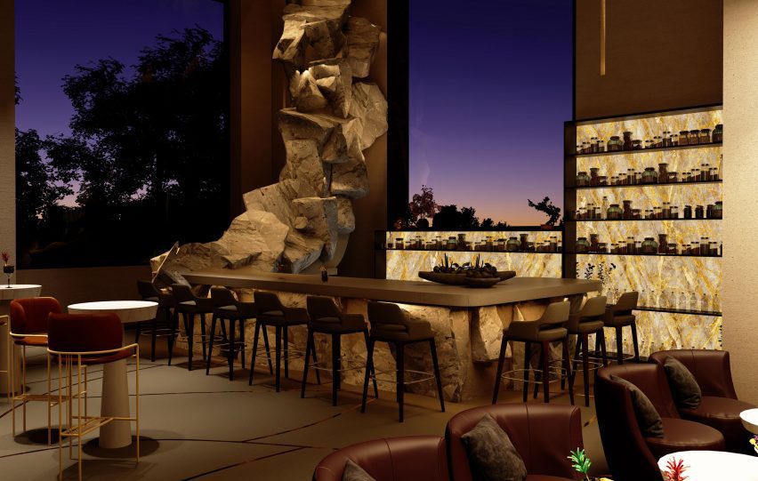 a visualisation of a bar in tones of brown and beige, with windows displaying a purple sunset sky outside