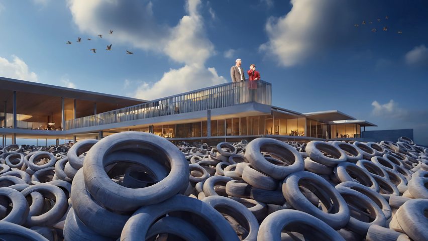a visualisation of two people stood above a pile of rubber tires