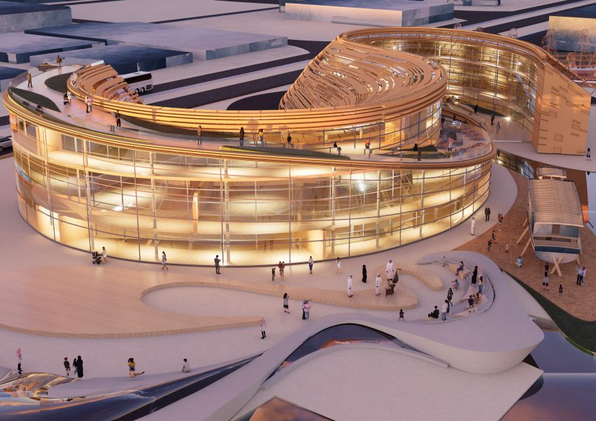 a visualisation of a circular building in yellow and orange tones