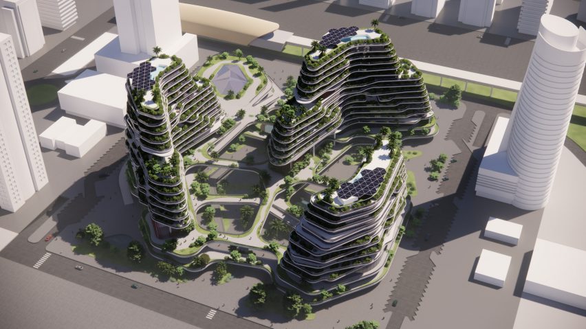 a visualisation of three buildings in tones of green and white