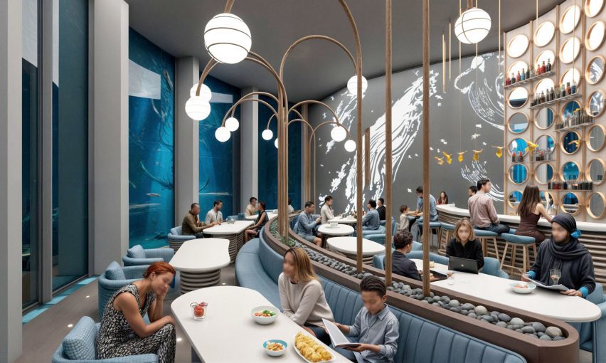 a visualisation of a bar in tones of blue and white