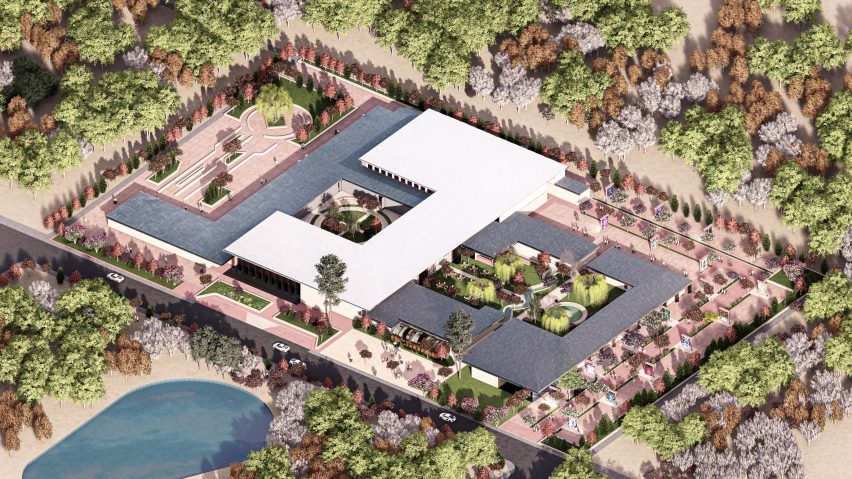 a visualisation of a building plan among a green landscape