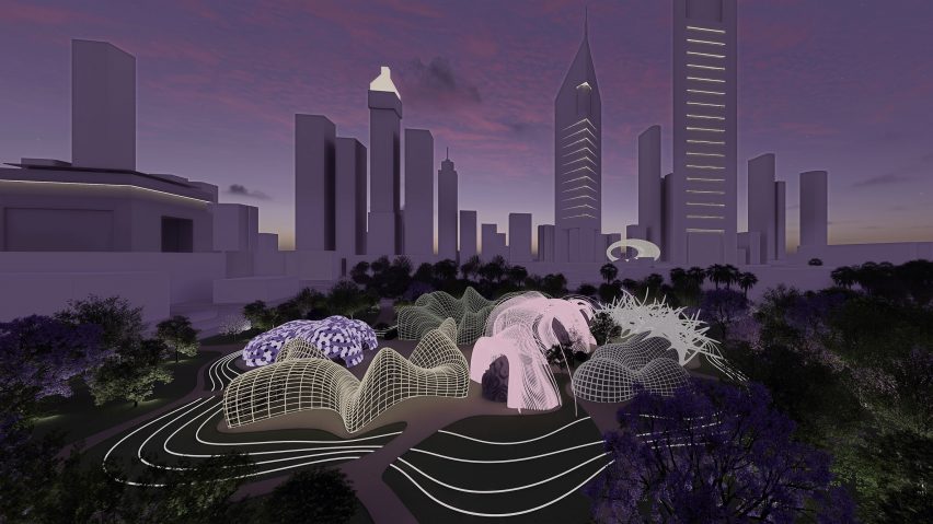 a digital image of a city skyline in tones of purple