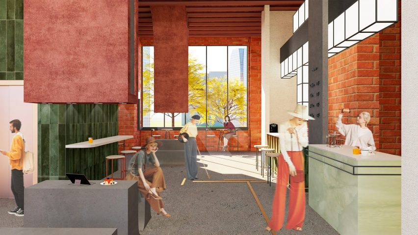 a visualisation of a library and exhibition space in tones of red, green, grey and white