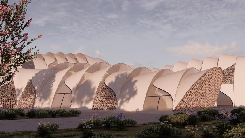 a visualisation of a curved building in tones of beige 
