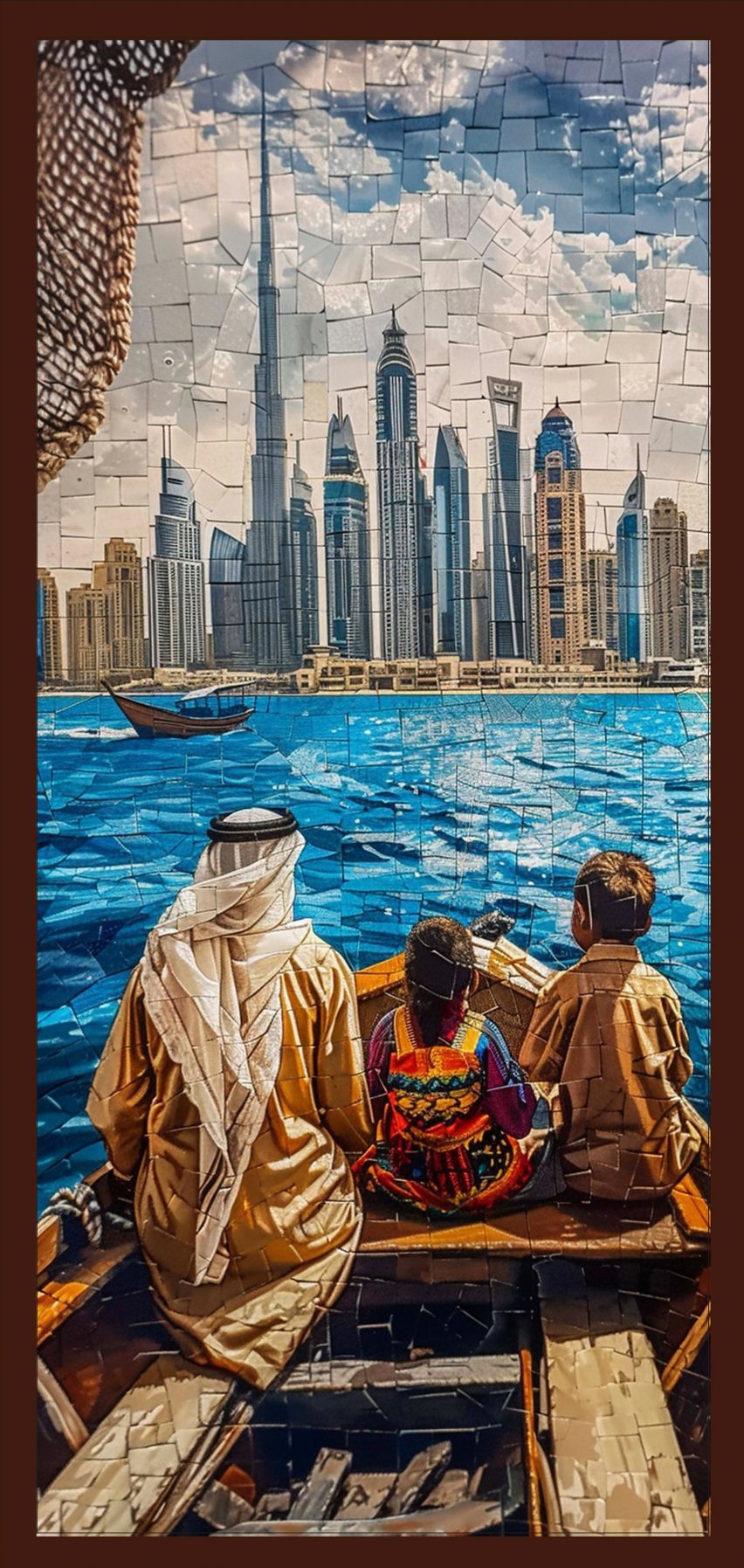 an image of a group of people sat on a waterfront in front of a city skyline