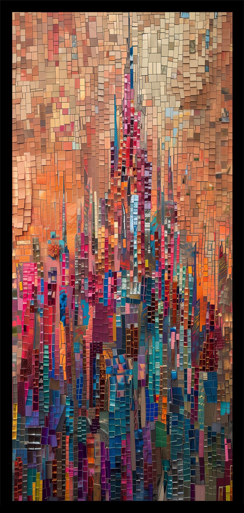 a digital mosaic image of a skyscraper in tones of orange, pink and blue