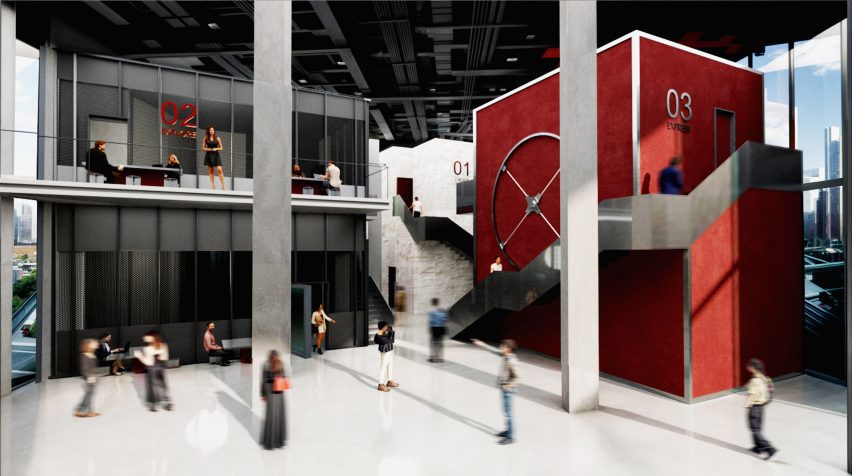 a visualisation of an exhibition space in tones of grey, red and white