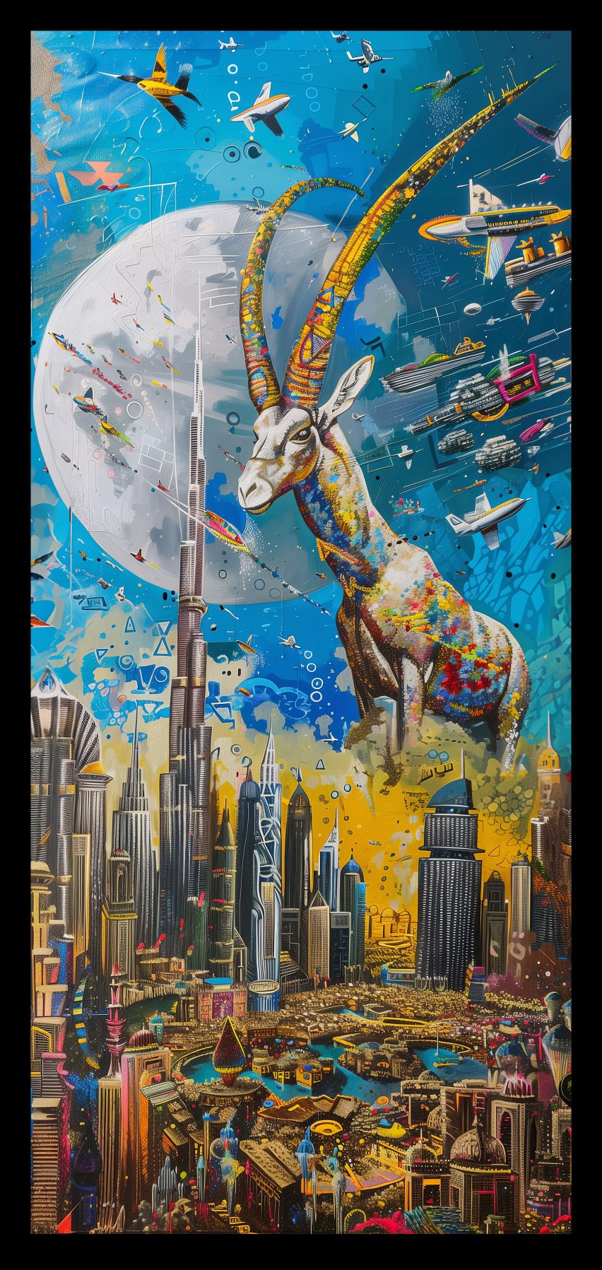a digital image of a cityscape with a blue sky above it and a picture of a goat in the sky