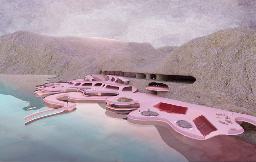 a visualisation of a pink structure among water and rocks