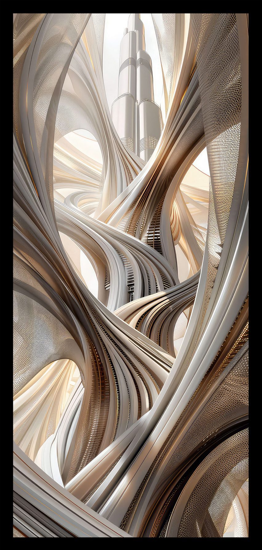 a digital image showing an abstract building in tones of beige and white
