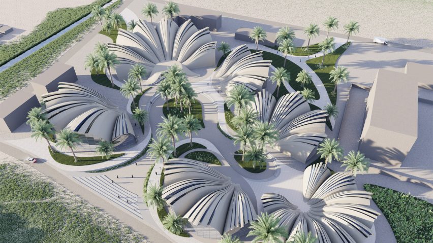 visualisation of a group of white circular buildings from above