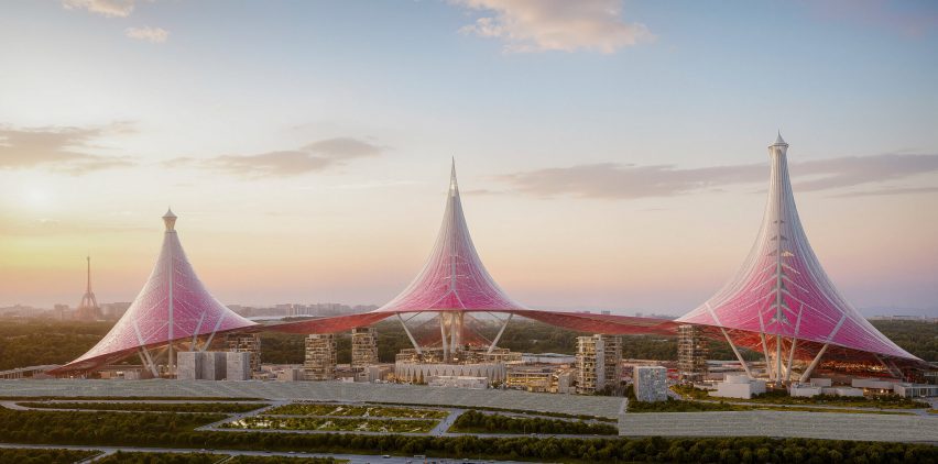 a visualisation of a building in tones of pink, against a blue sky