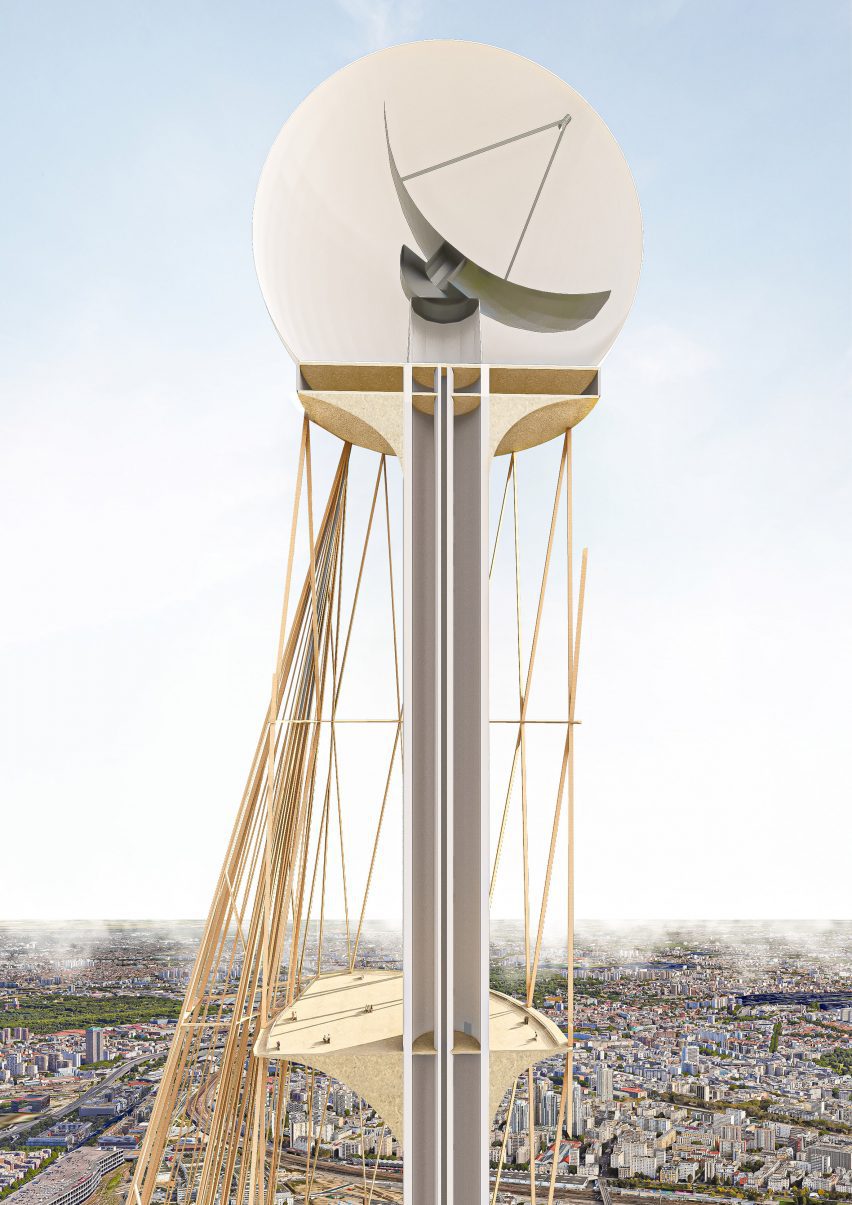 a visualisation of a satelite in tones of beige and white above a city skyline