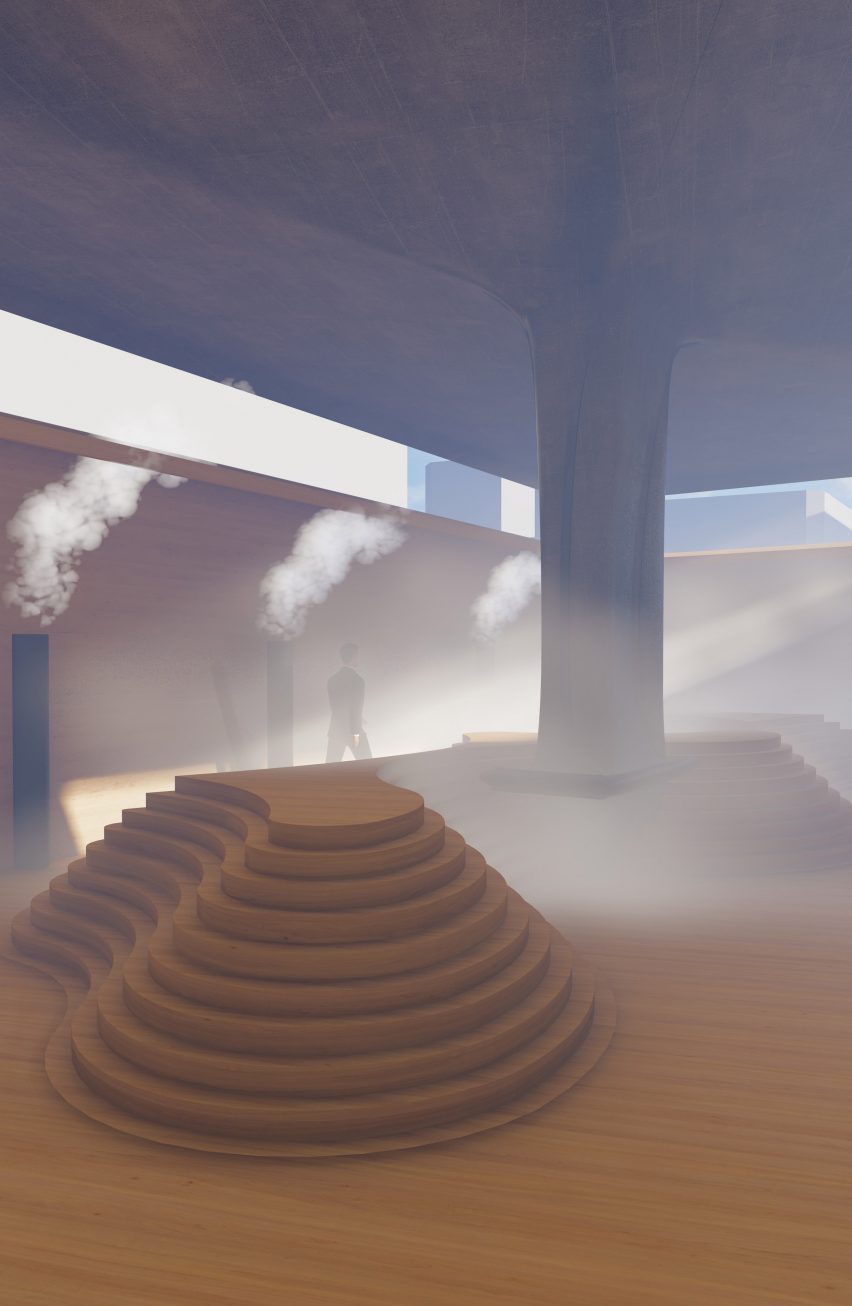 a visualisation of a pavilion in tones of brown
