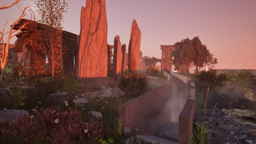 a visualisation of a landscape with rocks and plans in orange lighting