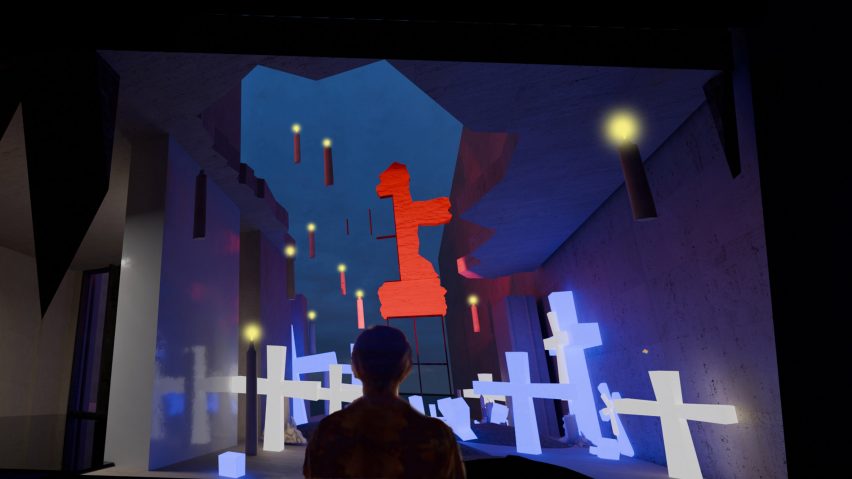 a visualisation depicting an augmented reality with illuminated crosses in tones of white and blue