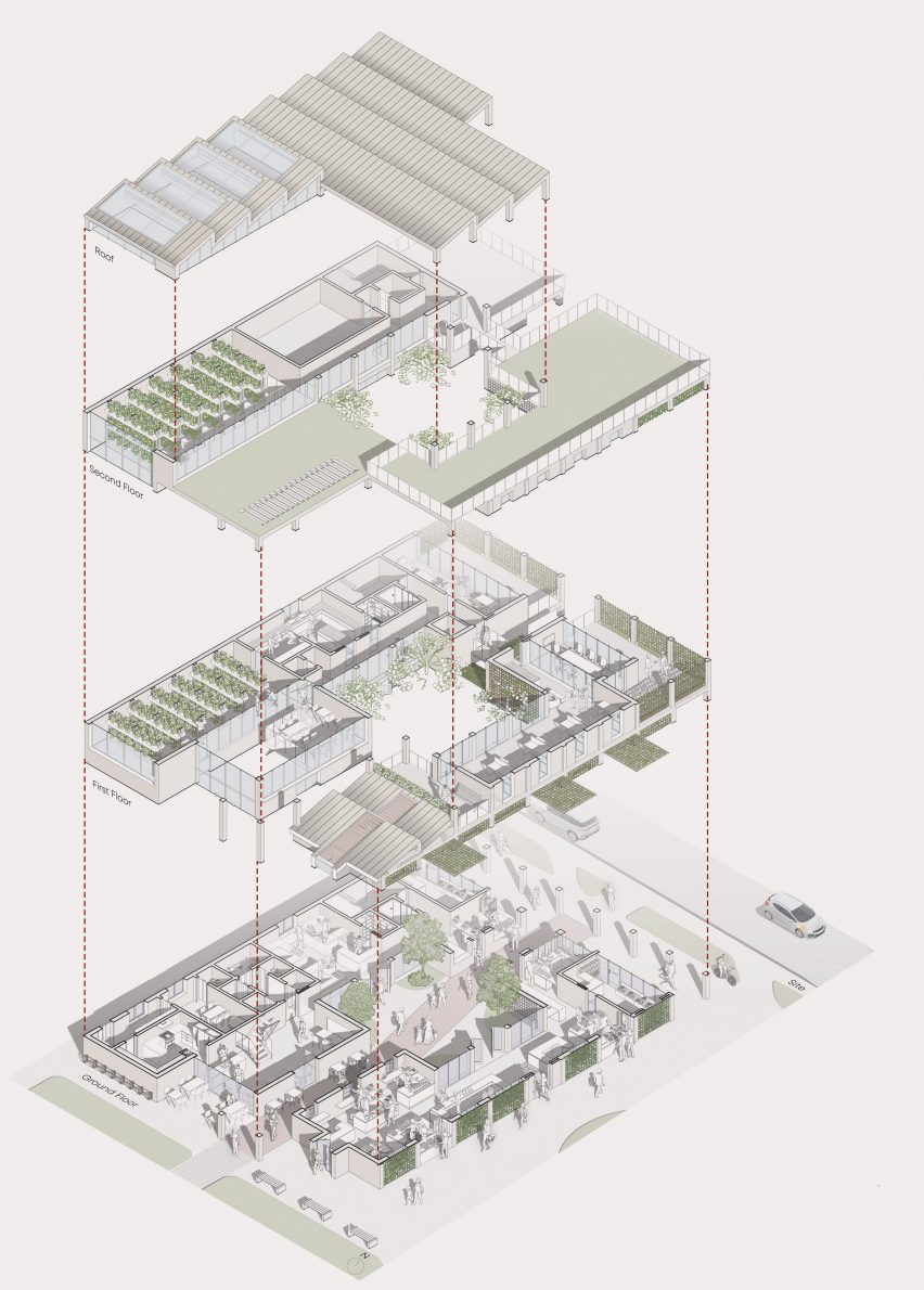 a labelled diagram of a building design in tones of green and grey
