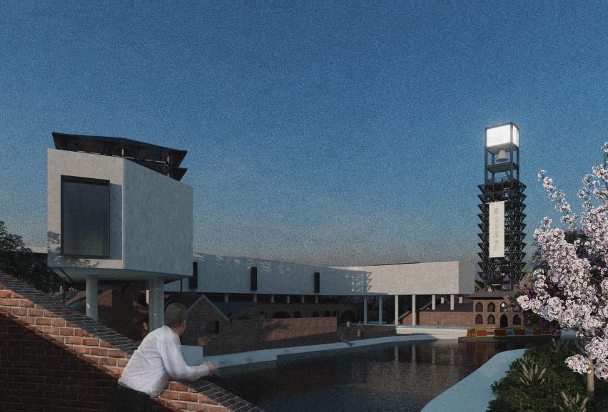a visualisation of a white building against a blue sky
