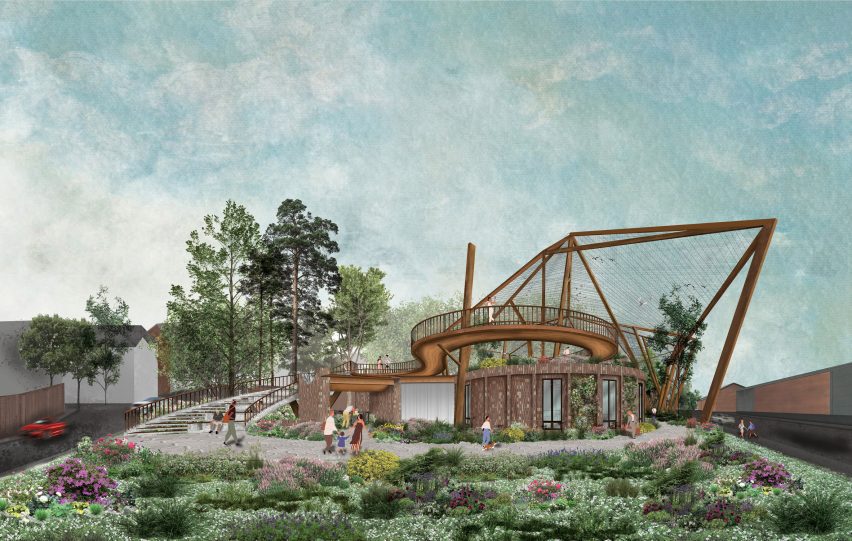 a visualisation of a nature centre in tones of brown, surrounded by greenery
