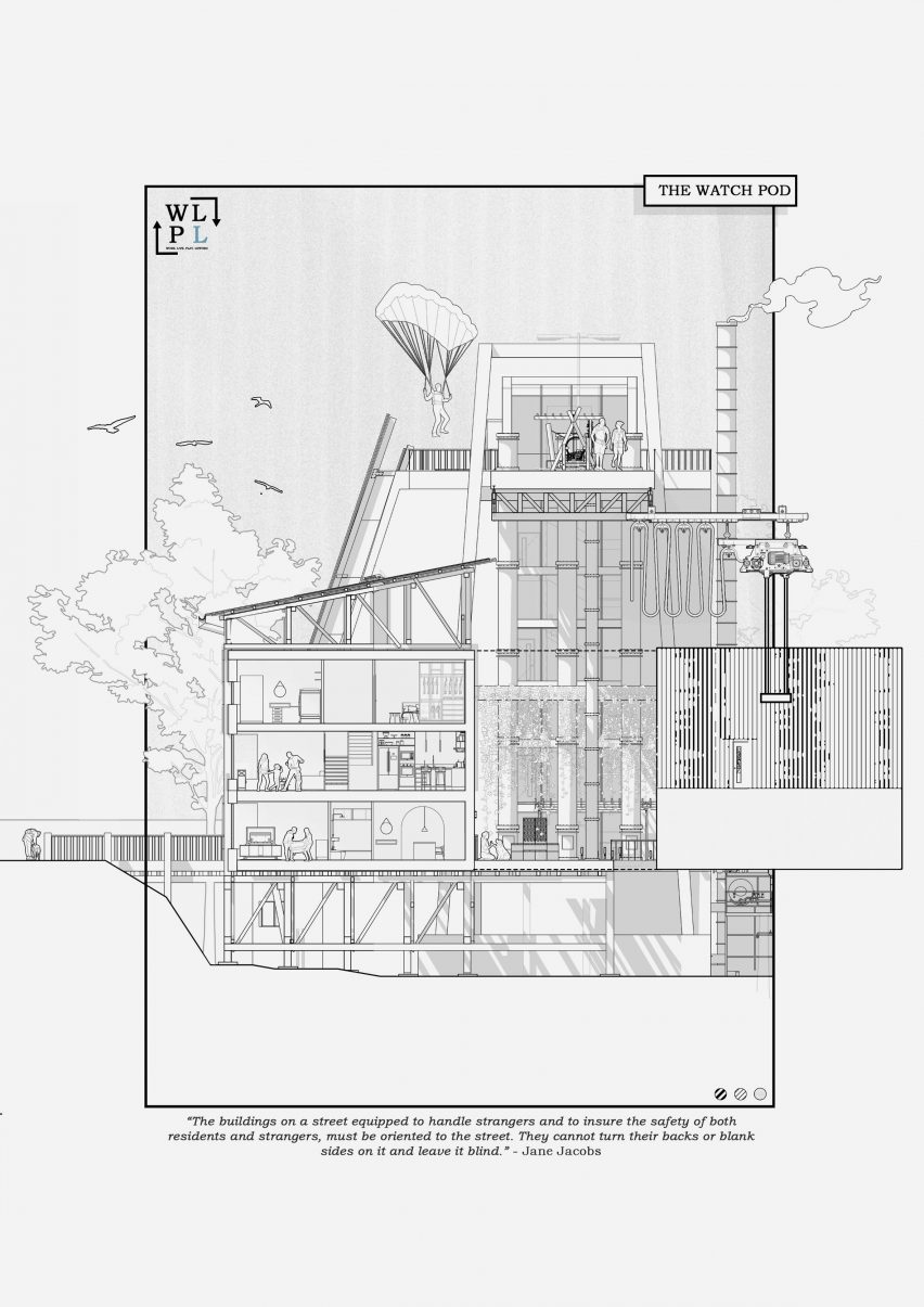 a diagram of a building in tones of black against a white backdrop