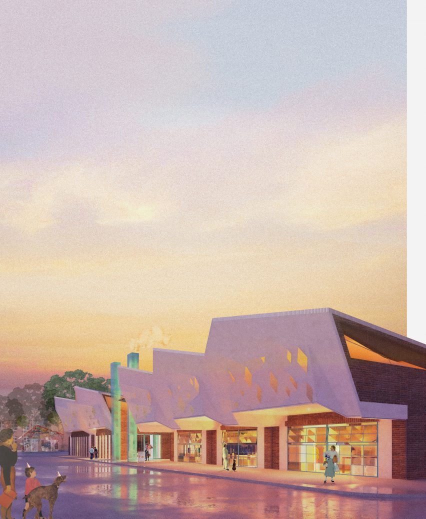 a visualisation of a building in tones of purple and yellow