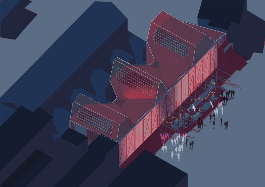 a diagram of a red building among blue surroundings