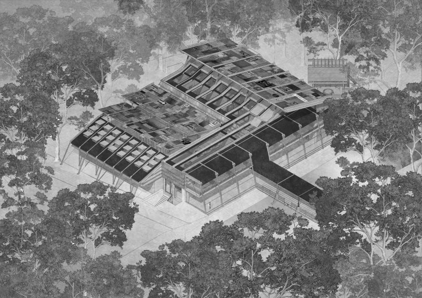 a black and white illustration of a building from above