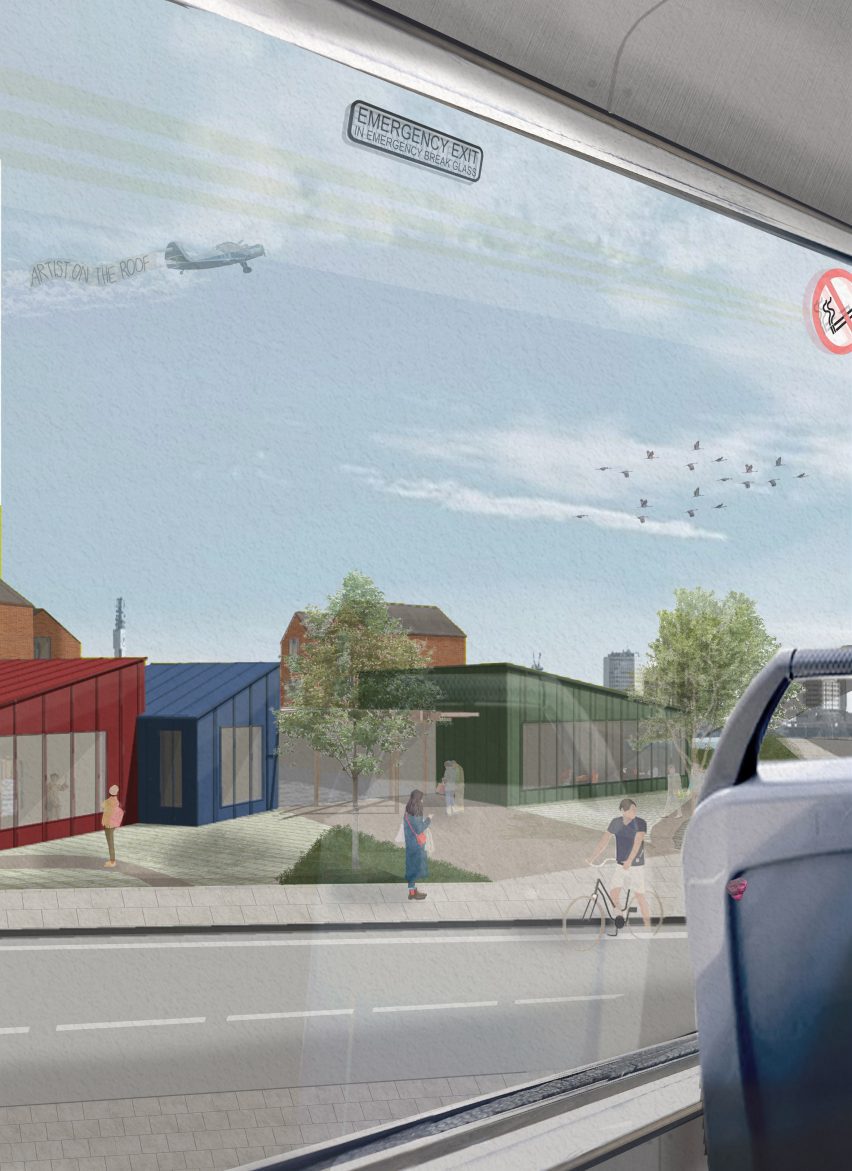 a visualisation of an arts centre in tones of red, blue and green