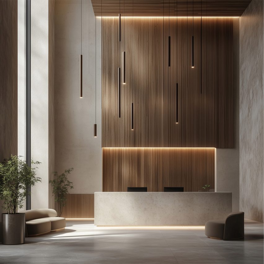 a visualisation of a tall room in tones of brown and beige