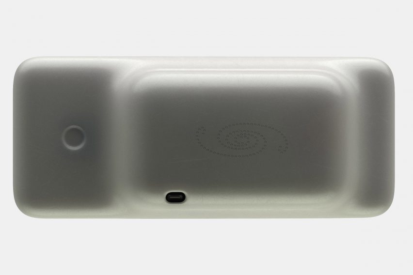 Image of the back of the Dream Recorder showing a smooth tablet with curved edges and a protuberance forming a stand