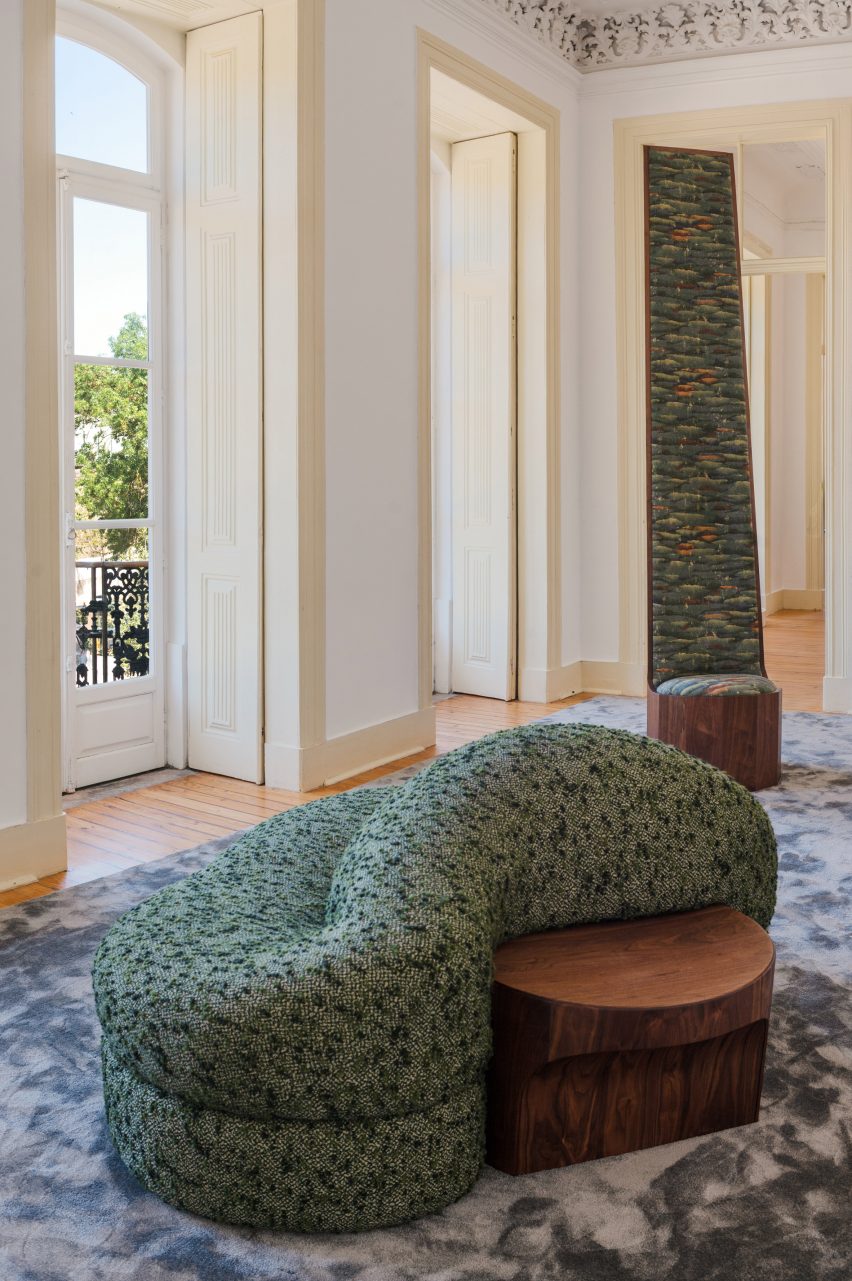 Curvy sofa and tall chair