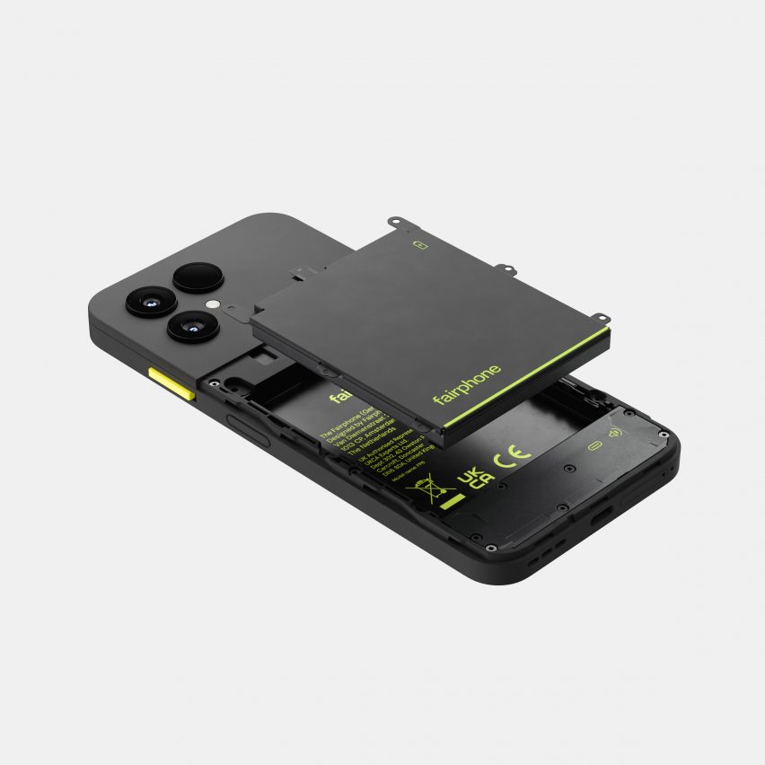 Image of the Fairphone 6 showing its backplate unscrewed and the modular battery rising up out of the case