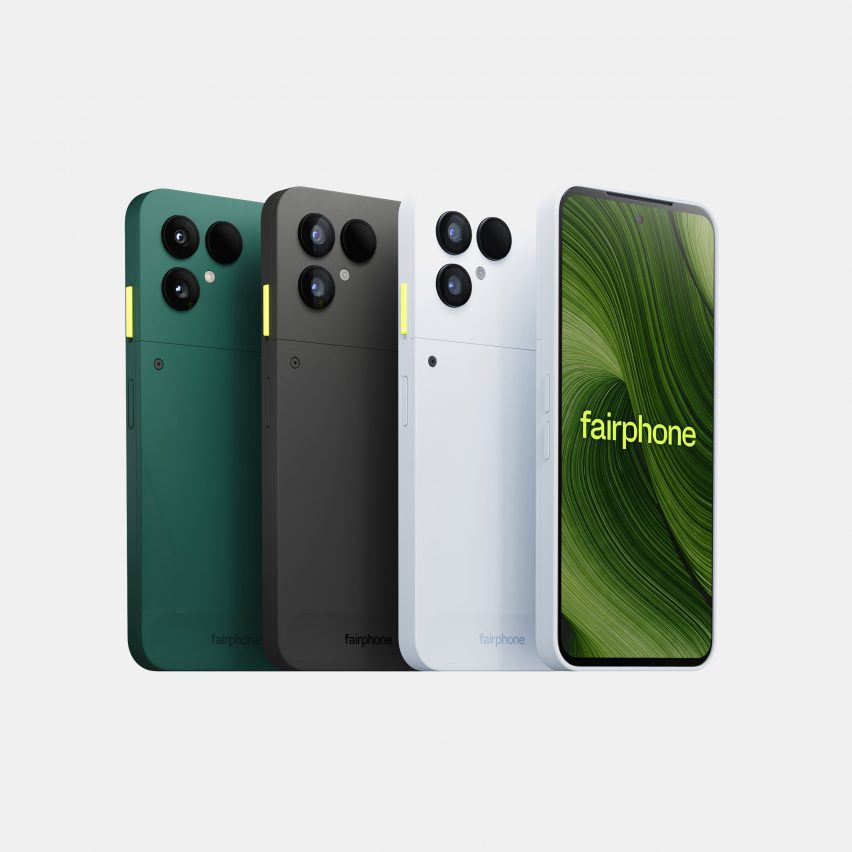 Image of the Fairphone 6 in all three colours &ndash; Forest Green, Horizon Black and Cloud White &ndash; along with a second white phone facing front to show the OLED screen