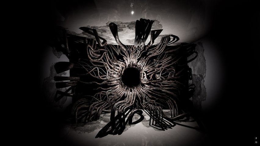 an image of an art installation in tones of black